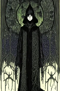 7 year old boy, necromancer, friendly, looks dead, with weird mushrooms growing out of him, wearing black robes, in the style of Harry Clarke