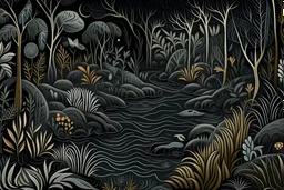 A dark gray jungle with a toxic river designed in Australian aboriginal art