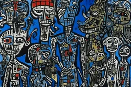 A dark bluish black draconic empire designed in African masks painted by Jean Dubuffet
