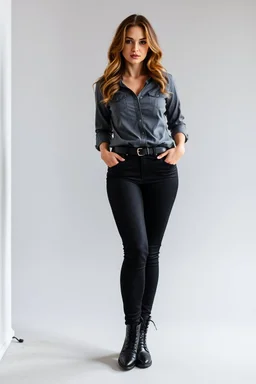 A full-body shot of a beautiful lady wearing shirt and tight pant with boots ,curvy hair