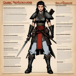 character concept sheet with AD&D statistics and characteristics, [illustration by Kevin Eastman and Peter Laird] female samurai in agent provocateur: local vs. global