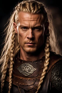 portrait of a 40 year old viking , long blond hair with Two braids hung down neatly in front of his ears. Rugged face with a scar. blonde beard, fantasy