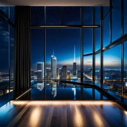 in luxury hall in top floor of skyscrapper in moder city at night sky, ,city scape at backgrownd