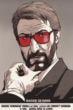 an muscular and menacing Hans Gruber wearing red-tinted glasses