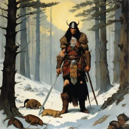 [art by Norman Rockwell] THE DEATH DEALER: tribeless barbarian in a large forest that, after the end of the Ice Age, will one day become the Mediterranean sea. When the Mongol-esque Kitzaak Horde invade the forest, various parties try to recruit Gath's aid to defend against them. One of them, the beautiful sorceress Cobra, gives Gath a helmet possessed by the god of death. The helmet gives him godlike power but at the same time tries to break Gath to its will. With the help of the worldly travel