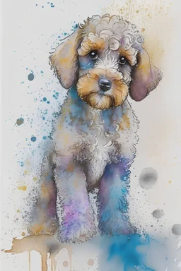 Abstract wet watercolour of a cockapoo, ink lines, splashy background detailed,focus on eyes, watercolour paper