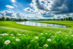 a big dance grass field in country side environment ,green field ,flowers , small river,blue sky pretty clouds ,camera looking at horison