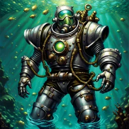 90's tcg art silver steampunk male diver with power armor and huge pauldrons fantasy glowing helmet underwater