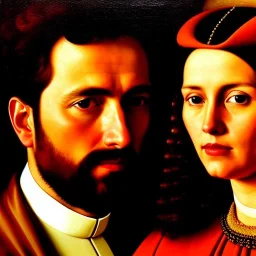 portrait of Jacobo Santiago Mozos born in 1976 and Gemma Arnau Arnau born in 1979,by JAN VAN EYCK, oil on canvas, cinematic composition, extreme detail,8k,fit full head inside picture