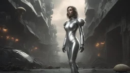 three-quarter view of a woman in a silver robotic catsuit standing in a futuristic derelict city with mushrooms with tentacles floating in the sky