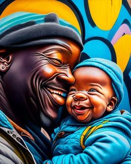 Papá feliz sonriente con su bebé mirándolo a los ojos felíz cuerpo completo colores contrastantes obra de arte arte callejero impactante detallado hiperrealista 8k coherente