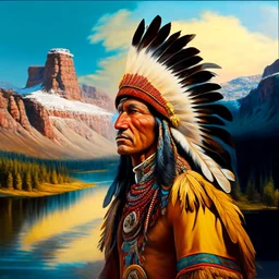 stunning 3D render of a painting in the style of Rembrandt featuring Winnetou, the chief of the Aachen tribe. Winnetou is depicted as a noble and wise leader, adorned with intricate feathers and a colorful headdress. The background portrays a vast, rugged landscape with a rocky mountain range and a serene lake, casting a warm golden glow. The overall atmosphere is a mix of both realism and dreamlike fantasy, reflecting Rembrandt's masterful use of light and shadow., illustration, 3d render, pain