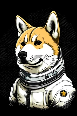 Cartoon side image (emoji) of a beautiful Shiba Inu wearing a white space suited, drawn by Caravaggio