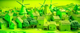 A lime green village with windmills designed in ancient Egyptian hieroglyphics painted by Vincent van Gogh