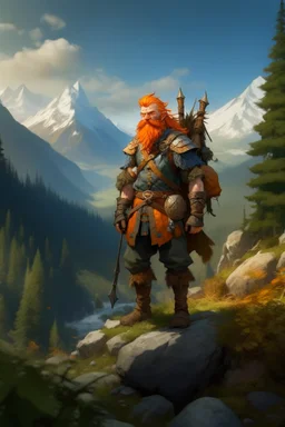Realistisches Bild von einem DnD Charakters. Männlichen Zwerg mit orangenem Haaren. Er steht im Wald mit Bergen im Hintergrund. Er ist ein Jäger.
