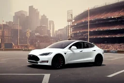 A Tesla 'Model S' is parked, inside the 'Yankee Stadium' in Manhattan. (CINEMATIC, WIDE ANGLE LENS, PHOTO REAL)