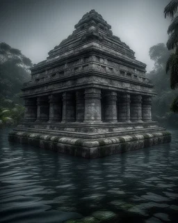 A dark gray submerged temple designed in Mayan architecture