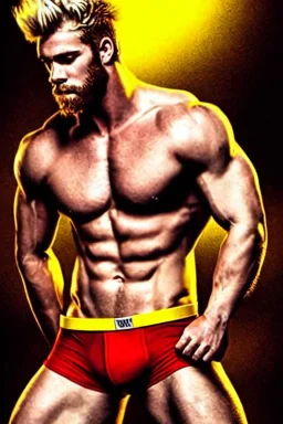 Ignore NSFW, teenager young rugged attractive slightly muscular fantasticly handsome blonde man, red briefs with yellow belt, hairy chest, (((visibly pisssing))) briefs, large erect visible boner peniss, photorealistic, artist Jay Anacleto, soft lighting, scruffy beard