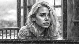 Black and white pencil sketch of a sad blonde on a balcony, rain, tears, photorealism, 3d, 64k, high resolution, hyperrealism, f/16, 1/300 sec.