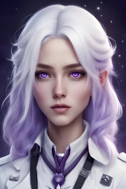 The image serves as a character reference. Girl with snow-white hair and purple eyes, military doctor