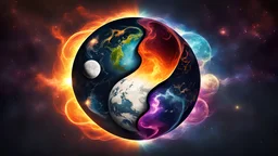Visual representation of energy & hearts, colorful darkness high definition deep. earth and sun. ying yang