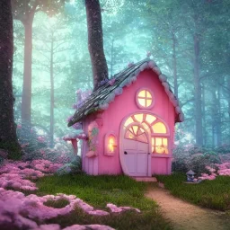 a cute pink and blue fairy house in the forest, spring time, mushrooms, 8k, flickering light, centered, high-quality, fine-detail, digital art, detailed matte, volumetric lighting, illustration, 3D octane render