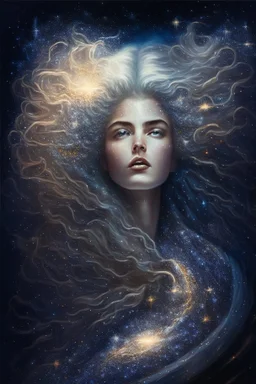 Kobieta Piekna polaczony z kosmosem I muzyka portrait of a powerful, celestial figure, with flowing, star-studded hair and eyes that contain entire galaxies, set against a cosmic backdrop.