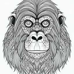 Orangutan, front view, mandala, minimal lines, cartoon, white back ground color, real style, realistic, minimalistic, minimal black line art, line art, crisp line art, unique coloring sheet, outlined, outline, crisp, crisp line edges, illustration, thin lines, crisp clear lines, line art, clean line art, unique, 8k, amazing, masterpiece, no colors, no dark color, no black color, avoid thick black, minimalistic line edges, pure white back ground, image character full fit to page,