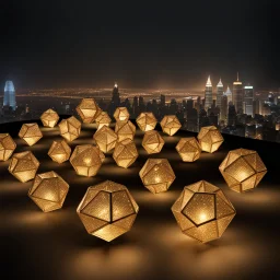 16 crystal Dodecahedrons in 4 x 4 x 4 set , the golden modern city escape in background .Dodecahedrons sudenly colapsing and falling to floor .