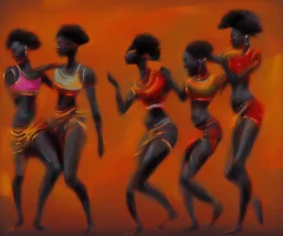 an abstract painting with figures of three African women dancing