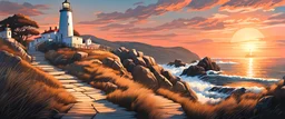 coastal street, intricated details, sunset, hill background, lighthouse, realistic painting style, dramatic lighting