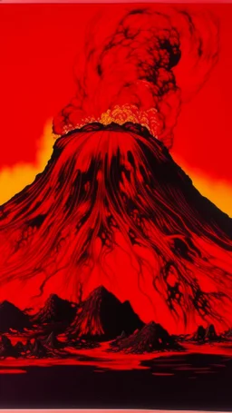 A dark red volcano made out of cinder with spewing fire painted by Andy Warhol