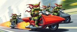 hi speed rocket ship on leaning scooter in a swing, coated rat gremlin captain in high speed pursuit among neon TMNT spy vs spy rat cyber soldiers, with background motion blur, airbrush and pen outline