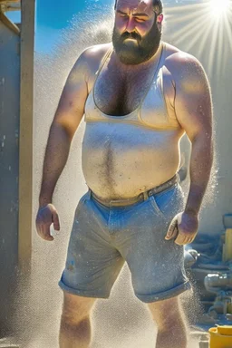 full figure shot photography of a wet sweat chubby and very virile 51-year-old burly turkish construction worker, long beard, in tank top, bulge, works hard very sweaty on a construction site in the sun repairing a floor, underlines the shine of the sweat in the sun's rays and the fatigue of the muscles, manly chest, , big legs, big belly , side view, photorealistic , side light