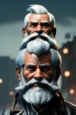 Old man Cyborg anime warrior, grey hair, trimmed grey beard,brown eyes, waist up portrait, 4k resolution, intricate details, ornate details, soft lighting, vibrant colors, retroanime, futuristic cityscape background