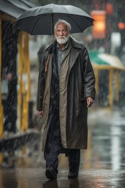 Ultra realistic A photograph of an old man walking in the rain making eye contact with the viewer in a mid-shot view, futuristic style, HOF, captured with professional DSLR camera,64k, ultra detailed,