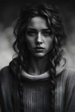 A black and white photorealistic image of a unique-looking young woman with a sad, stoic expression, tears streaming down her face. She has three ear piercings and is wearing a textured sweater. The image should convey a sense of raw emotion, and the woman should look like an everyday person rather than a professional model.