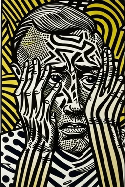 tribal man in grief with hands on face pencil draw style of roy lichtenstein