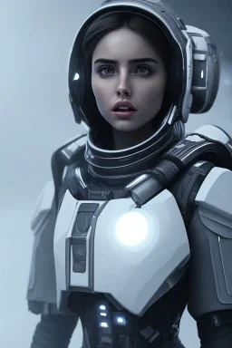 Ana de Armas, identical features, Black intergalactic pilot suit, portrait, bright white eyes, wearing high tech pilot breathing mask, beautiful face, white smoke, dark, rage, sorrow, high definition, ultra 8 k, volumetric lighting, blue fire, fog