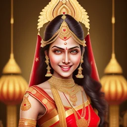 smiling indian princess in a sari, dark skin, in a temple, perfect composition, hyperrealistic, super detailed, 8k, high quality, intricate details, highly detailed