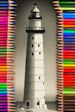 Realistic drawing with colored pencils of lighthouse on a white background