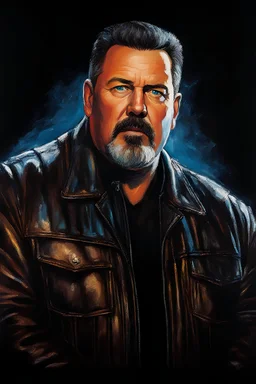 58-year-old Elvin P. Resley with crew-cut dark brown hair tapered on the sides, gray goatee, bushy eyebrows, blue eyes, overweight, wearing a leather jacket - pitch black background with an overhead spotlight effect, extremely colorful, oil painting by Jim Lee