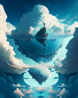 An inverted world where the sky is a vast ocean and ships navigate through the clouds