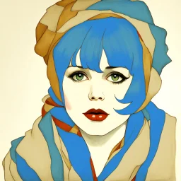 Clara bow, with blue hair, scarf, in the style of egon Schiele