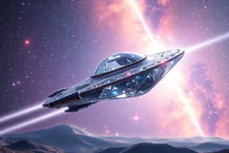 a cosmic beautiful DISH SPACESHIP made of crystals and light is flyng INA MAGIC BRIGHT SKY OF A GALAXY. IT IS PASSED BY A VERTICAL SHINE FROM TOP TO BOTTOM. IT'S FLYNG ON A FAIRY Landscape