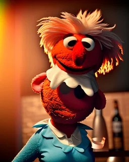 Pub, hybrid character, waitress woman with monster muppet mask that covers her entire head, retro style, Sesame Street style, smooth, unreal engine 5, god lights, ray tracing, RTX, lumen lighting, ultra detail, volumetric lighting, 3d.