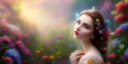 bright fairy, beautiful portrait, flowery landscape