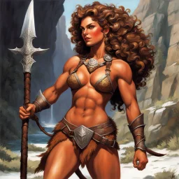 (art by Ray Harryhausen) female satyr, lean muscular build, sun-kissed skin, powerful goat-like legs, cloven hooves, chestnut curly hair, shoulder-length tangled locks, sharp amber eyes, jagged scar from collarbone to ribs, short polished horns, patchwork leather harness, bare midriff, predator's grace, swaying hips, dark humor in expression, unapologetic stance, predatory smirk, battle-worn but confident, fluid movement, her weapon in a scimitar, she stands in the pampa