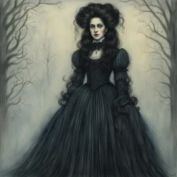 create full body oil pastel of a dark haired, savage, ornately dressed, gothpunk vampire girl with highly detailed , sharply defined hair and facial features , in a foggy 19th century Moscow, in the style of JEAN-FRANCOIS MILLET