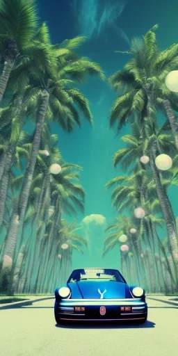 1980's aesthetic vaporwave palm trees and spheres and Porsche with lightning on fish eye filter